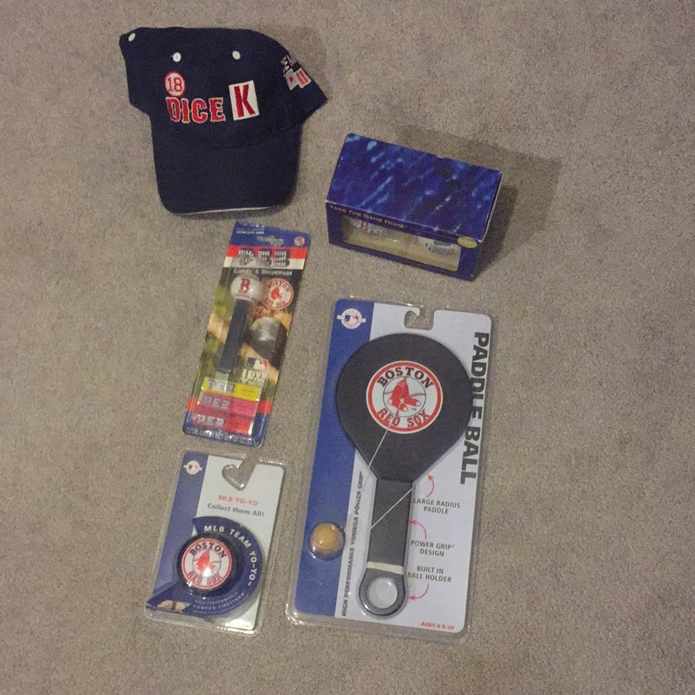04/07 Red Sox Merch Bundle PEZ, Hat, Balls, 2 Toys